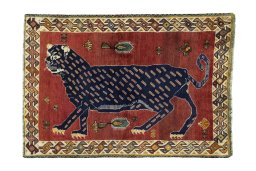 Full view of 2000s Persian Gabbeh rug from Iran / Persia, 165 × 115 cm in Red tones