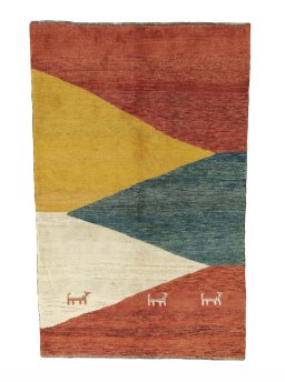 Full view of 2000s Persian Gabbeh rug from Iran / Persia, 244 × 155 cm in Multi Color tones