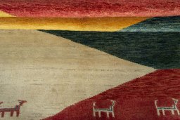 Full view of 2000s Persian Gabbeh rug from Iran / Persia, 244 × 155 cm in Multi Color tones