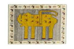 Full view of 2000s Persian Gabbeh rug from Iran / Persia, 150 × 107 cm in Gray tones