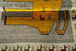 Full view of 2000s Persian Gabbeh rug from Iran / Persia, 150 × 107 cm in Gray tones