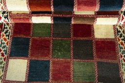 Full view of 2000s Persian Gabbeh rug from Iran / Persia, 193 × 104 cm in Multi Color tones