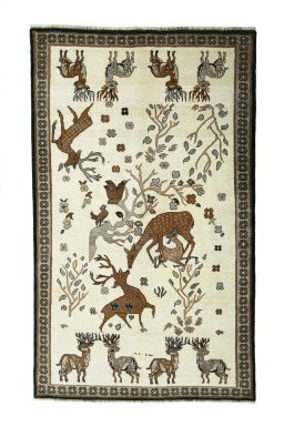 Full view of 2000s Persian Gabbeh rug from Iran / Persia, 248 × 150 cm in Beige tones