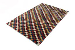 Corner detail of New Persian Gabbeh rug showing border pattern and Wool pile