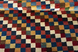 Full view of New Persian Gabbeh rug from Iran / Persia, 230 × 155 cm in Multi Color tones