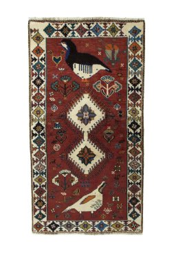 Full view of 2000s Persian Gabbeh rug from Iran / Persia, 175 × 97 cm in Red tones