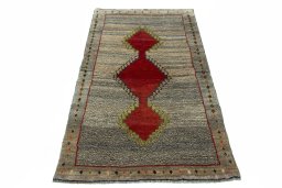 Surface texture of 2000s Persian Gabbeh rug with natural Wool and intricate pattern