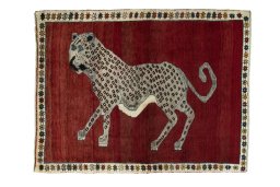 Full view of 2000s Persian Gabbeh rug from Iran / Persia, 180 × 140 cm in Red tones