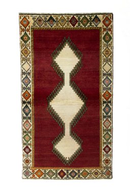 Full view of 2000s Persian Gabbeh rug from Iran / Persia, 200 × 112 cm in Red tones