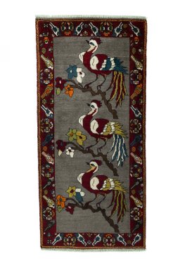 Full view of 2000s Persian Gabbeh rug from Iran / Persia, 202 × 95 cm in Gray tones