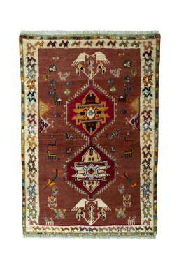 Full view of 2000s Persian Gabbeh rug from Iran / Persia, 147 × 100 cm in Red tones