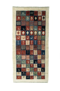 Full view of 2000s Persian Gabbeh rug from Iran / Persia, 234 × 116 cm in Multi Color tones