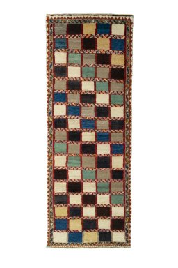 Full view of 2000s Persian Gabbeh rug from Iran / Persia, 280 × 104 cm in Multi Color tones