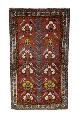 Full view of 1970s Persian Gabbeh rug from Iran / Persia, 225 × 132 cm in Red tones