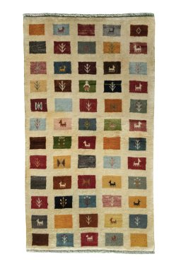 Full view of 2000s Persian Gabbeh rug from Iran / Persia, 155 × 86 cm in Beige tones