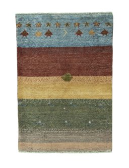 Full view of 2000s Persian Gabbeh rug from Iran / Persia, 135 × 94 cm in Multi Color tones