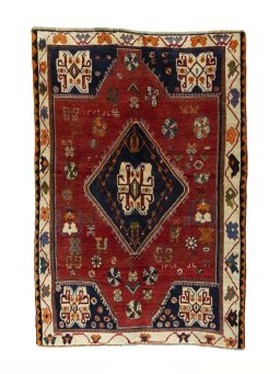 Full view of 2000s Persian Gabbeh rug from Iran / Persia, 230 × 158 cm in Red tones