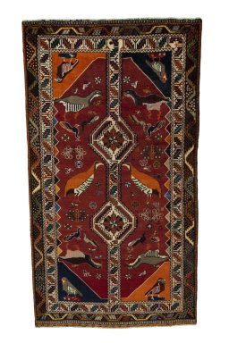 Full view of 2000s Persian Gabbeh rug from Iran / Persia, 235 × 130 cm in Red tones