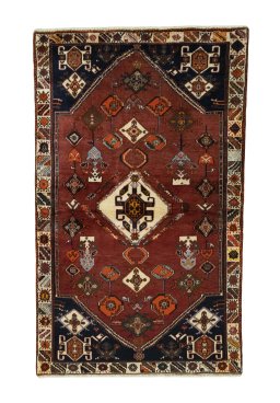 Full view of 2000s Persian Gabbeh rug from Iran / Persia, 183 × 111 cm in Red tones