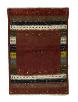 Full view of 2000s Persian Gabbeh rug from Iran / Persia, 142 × 101 cm in Red tones