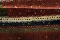 Full view of 2000s Persian Gabbeh rug from Iran / Persia, 142 × 101 cm in Red tones