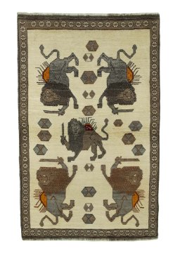 Full view of 2000s Persian Gabbeh rug from Iran / Persia, 192 × 122 cm in Beige tones