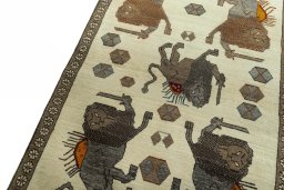 Backside of handmade 2000s Persian Gabbeh rug showing knot structure and weave density