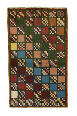 Full view of 2000s Persian Gabbeh rug from Iran / Persia, 134 × 82 cm in Multi Color tones