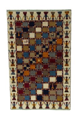 Full view of 2000s Persian Gabbeh rug from Iran / Persia, 168 × 107 cm in Multi Color tones