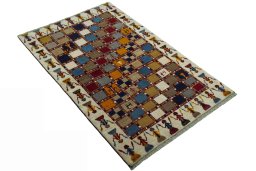 Close-up detail of 2000s Persian Gabbeh rug from Iran / Persia showing Wool weave