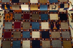 Full view of 2000s Persian Gabbeh rug from Iran / Persia, 168 × 107 cm in Multi Color tones
