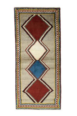Full view of 2000s Persian Gabbeh rug from Iran / Persia, 200 × 90 cm in Multi Color tones
