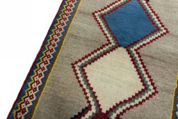 Backside of handmade 2000s Persian Gabbeh rug showing knot structure and weave density