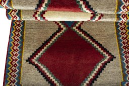 Full view of 2000s Persian Gabbeh rug from Iran / Persia, 200 × 90 cm in Multi Color tones