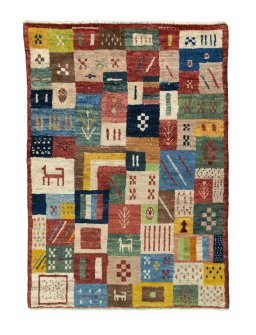 Full view of 2000s Persian Gabbeh rug from Iran / Persia, 135 × 96 cm in Multi Color tones