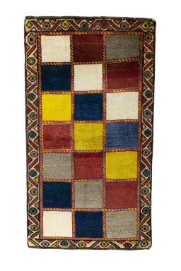 Full view of 2000s Persian Gabbeh rug from Iran / Persia, 140 × 78 cm in Multi Color tones