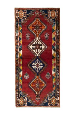 Full view of 2000s Persian Gabbeh rug from Iran / Persia, 196 × 91 cm in Red tones