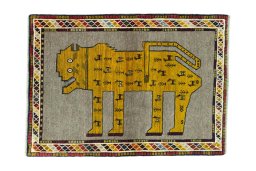 Full view of 2000s Persian Gabbeh rug from Iran / Persia, 155 × 113 cm in Gray tones