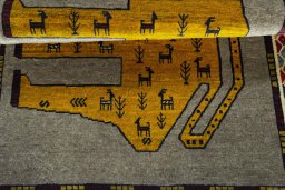 Full view of 2000s Persian Gabbeh rug from Iran / Persia, 155 × 113 cm in Gray tones