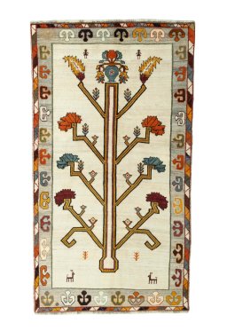 Full view of 2000s Persian Gabbeh rug from Iran / Persia, 257 × 142 cm in Beige tones
