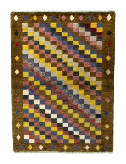 Full view of 2000s Persian Gabbeh rug from Iran / Persia, 145 × 107 cm in Multi Color tones