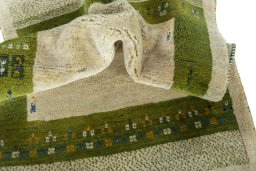 Corner detail of New Persian Gabbeh rug showing border pattern and Wool pile