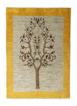 Full view of New Persian Gabbeh rug from Iran / Persia, 240 × 172 cm in Beige tones