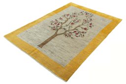Corner detail of New Persian Gabbeh rug showing border pattern and Wool pile