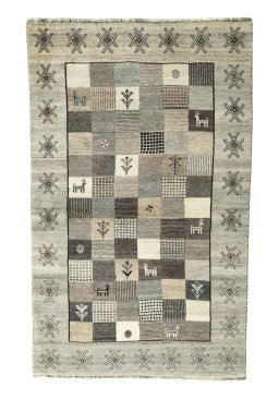 Full view of 2000s Persian Gabbeh rug from Iran / Persia, 192 × 120 cm in Gray tones