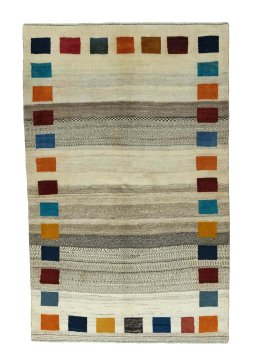 Full view of 2000s Persian Gabbeh rug from Iran / Persia, 245 × 158 cm in Beige tones