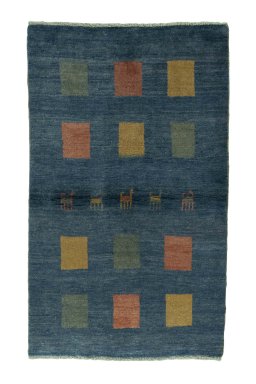 Full view of 2000s Persian Gabbeh rug from Iran / Persia, 190 × 115 cm in Blue tones