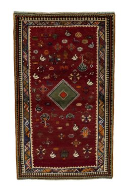 Full view of 2000s Persian Gabbeh rug from Iran / Persia, 184 × 112 cm in Red tones
