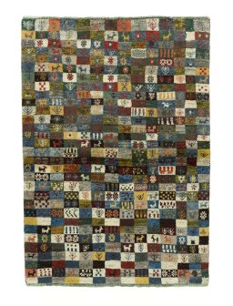 Full view of 2000s Persian Gabbeh rug from Iran / Persia, 176 × 125 cm in Multi Color tones