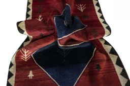 Corner detail of 2000s Persian Gabbeh rug showing border pattern and Wool pile